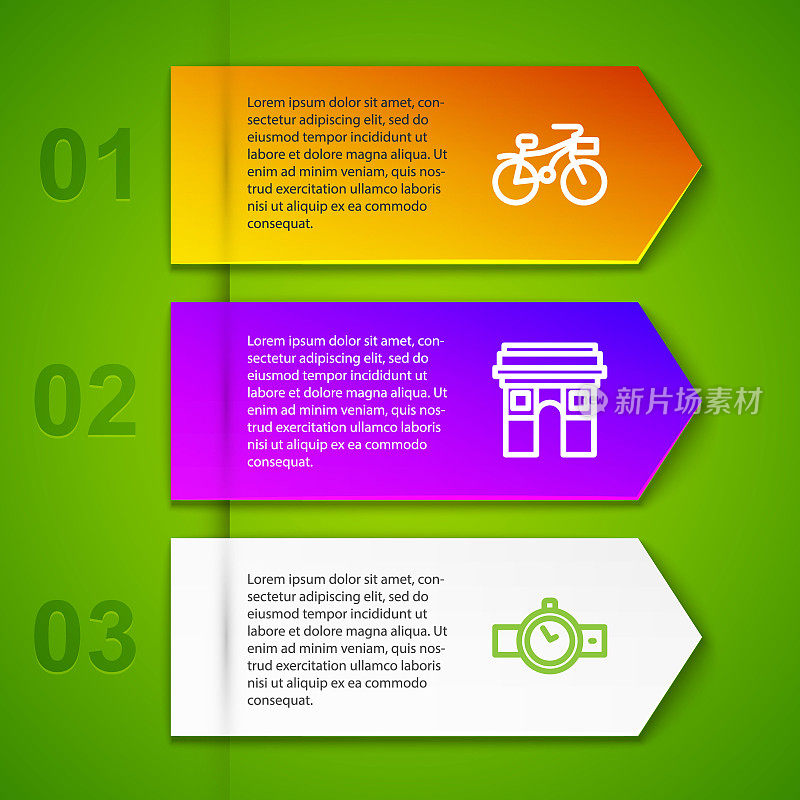 集自行车，凯旋门，腕表和Fleur De Lys。业务信息图表模板。向量